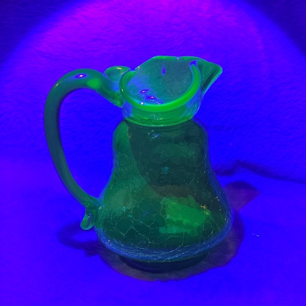 Vintage Kanawa Uranium Crackle Glass Mini Pitcher UV Reactive Ruffled Rim MCM